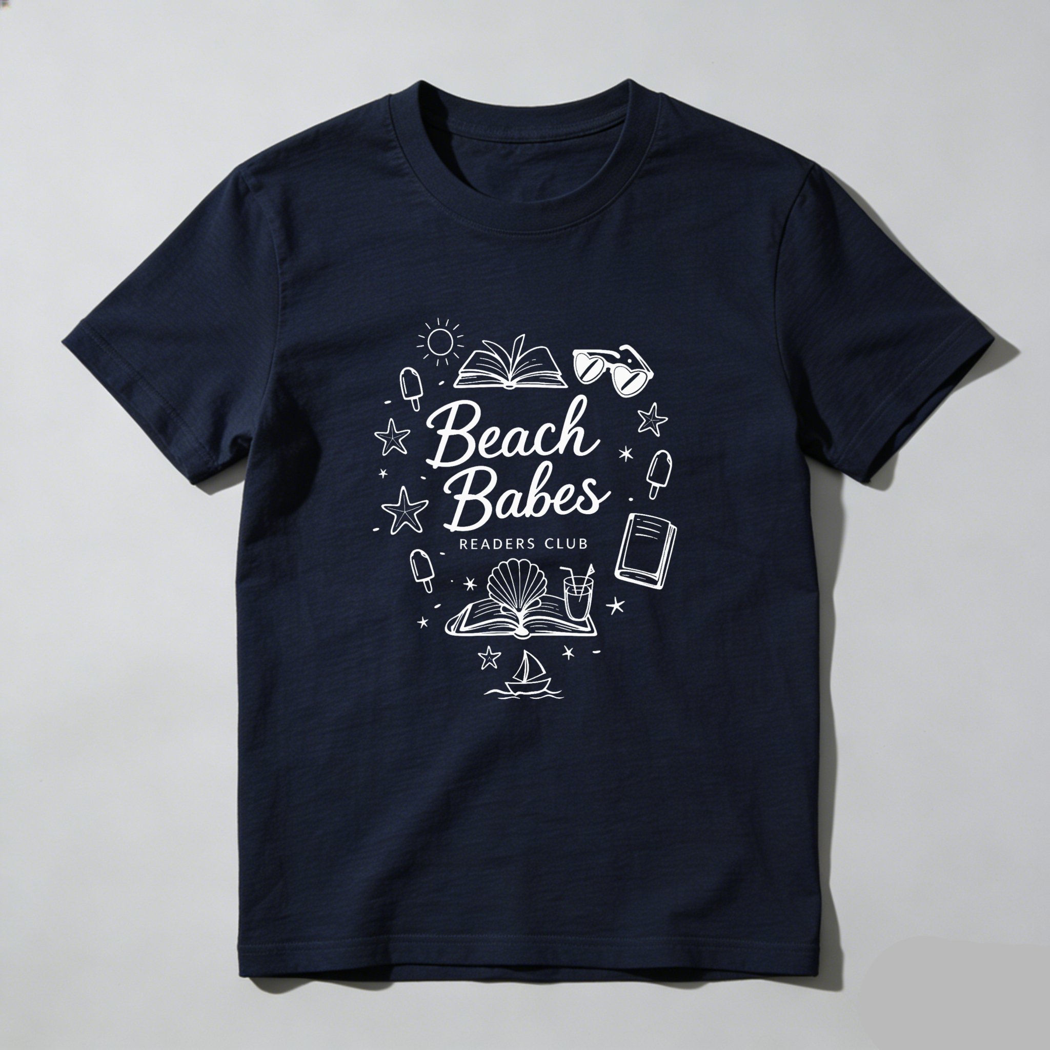 Wardrobecart Beach Babes Readers Club Book Sun Sunglasses Star Shell Boat Ice Cream Tshirt 100% cotton