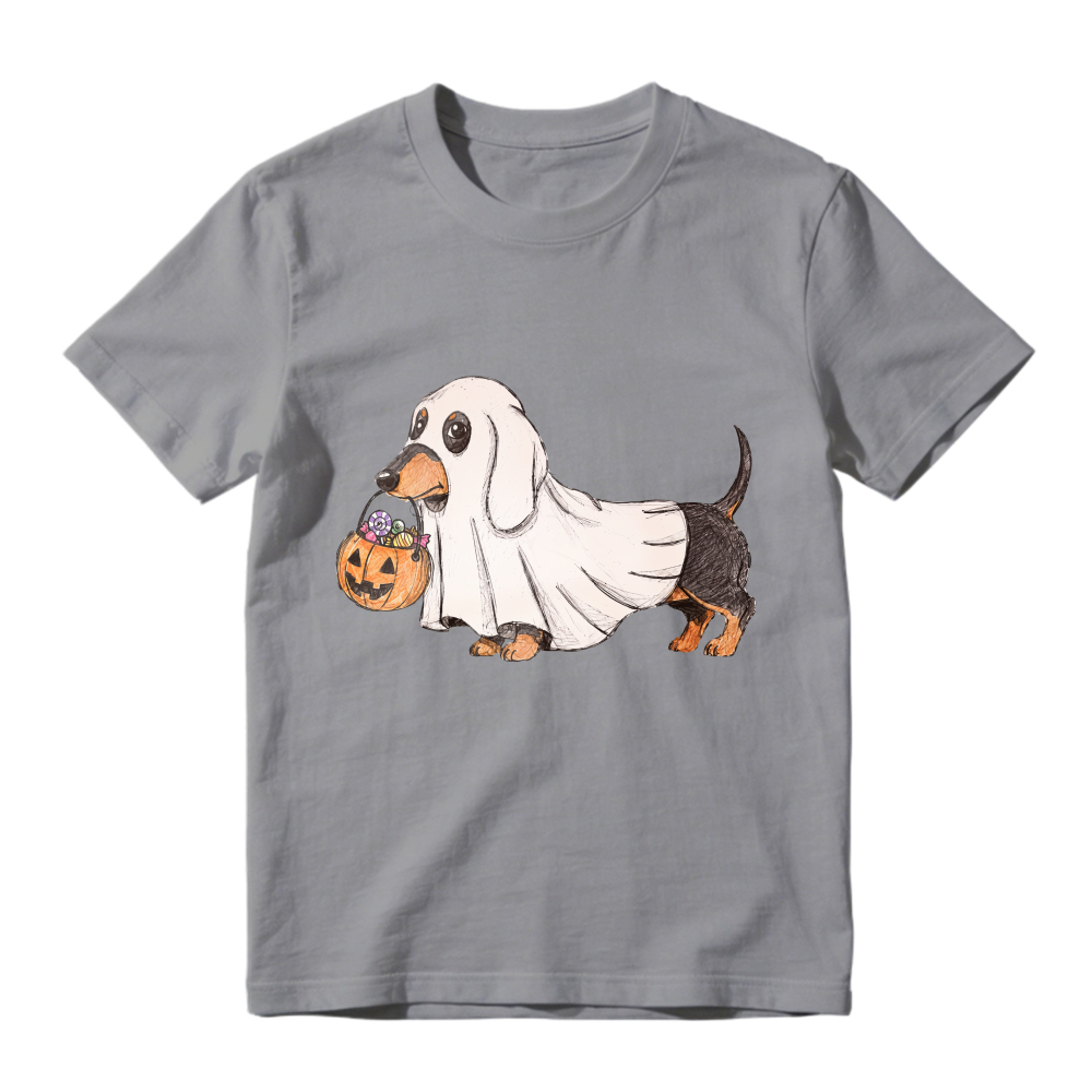 Cute Dachshund In Ghost Costume Holding Pumpkin Basket, Unisex Classic T-shirt