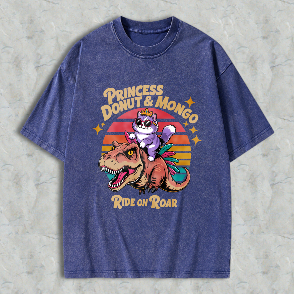 Wardrobecart Princess Donut And Mongo Ride On Roar Cat Riding Dinosaur Vintage Sunset Design Unisex Washed T-shirt