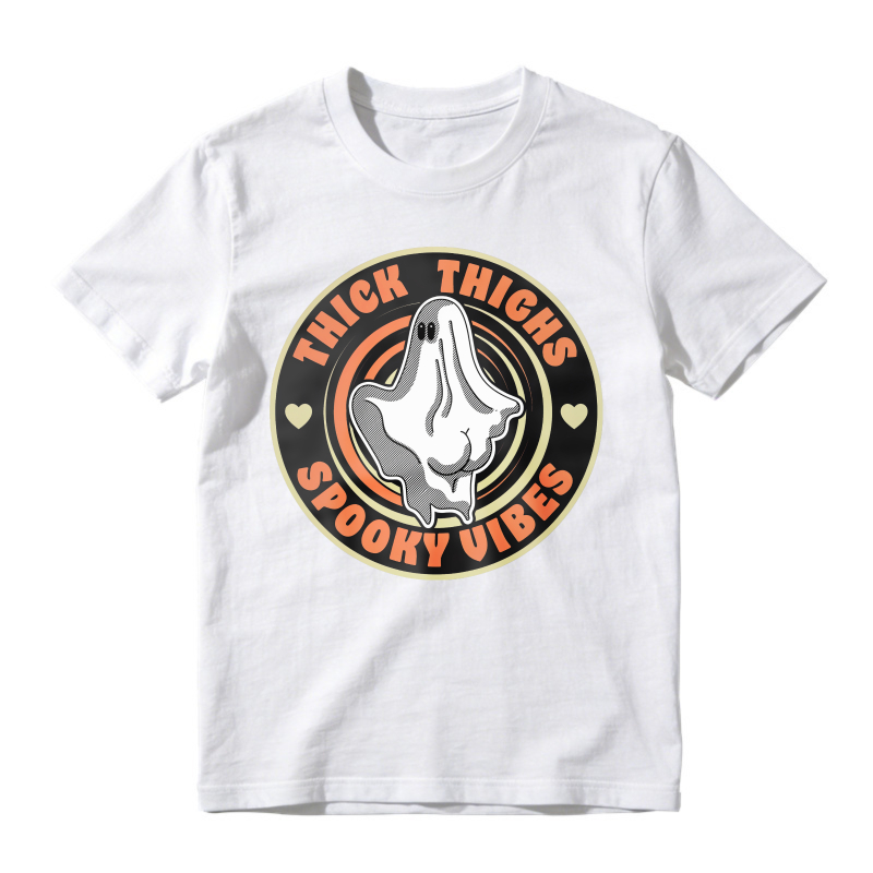 Thick Thighs Spooky Vibes Ghost Halloween Retro Circle, Unisex Classic T-shirt