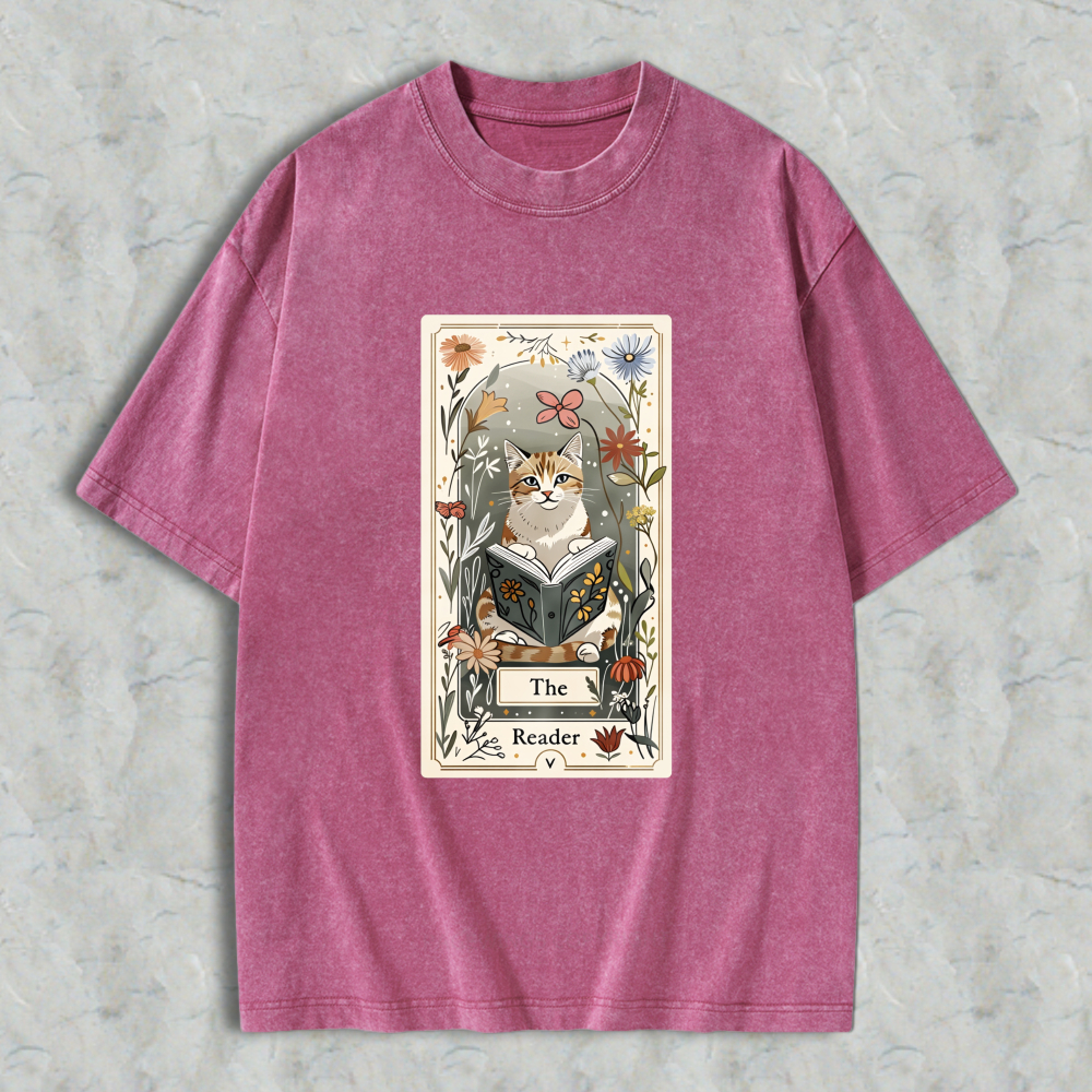 Wardrobecart Cat Reading Book Floral Tarot Card Design Unisex Washed T-shirt