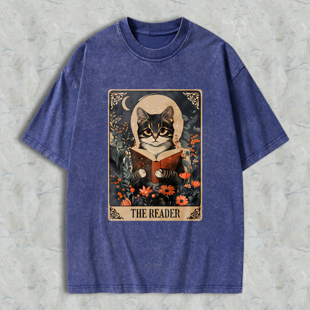 Wardrobecart Cat Reading Book With Floral Background And Moon The Reader Unisex Washed T-shirt