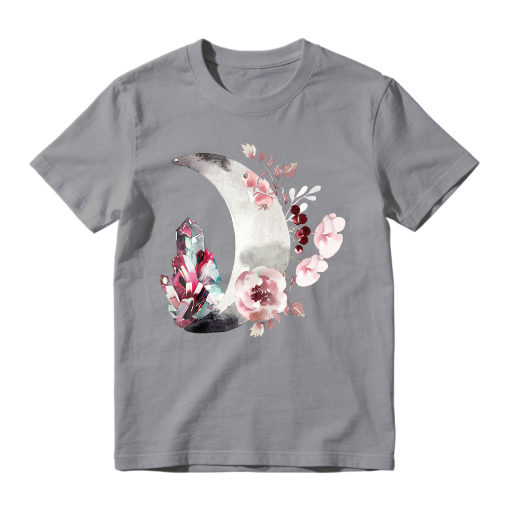 Crescent Moon With Pink Flowers And Crystals Graphic, Unisex Classic T-shirt