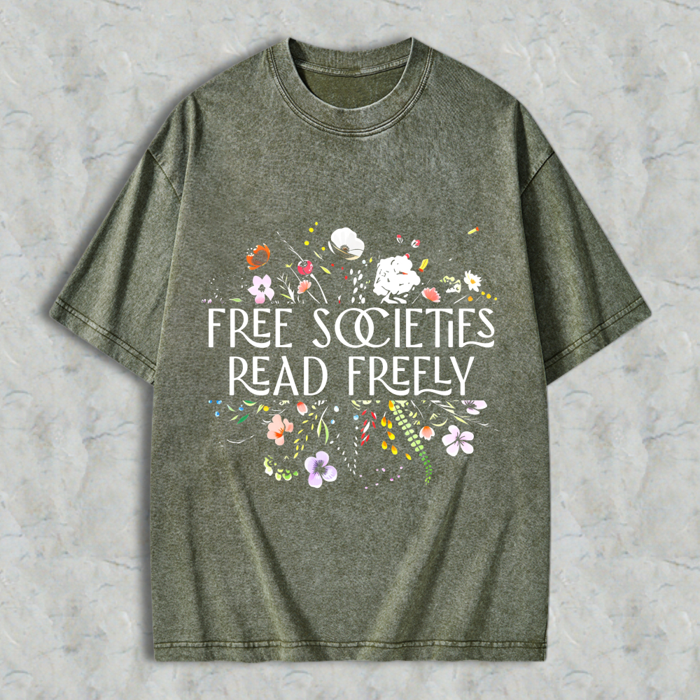 Wardrobecart Free Societies Read Freely Floral Design Unisex Washed T-shirt
