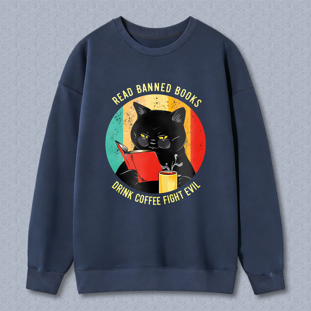 Wardrobecart Black Cat Reading Book With Coffee And Banned Books Text Unisex Classic Sweatshirt