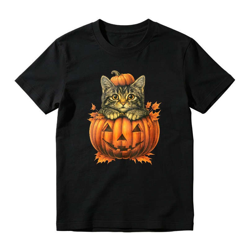 Cute Tabby Cat In Carved Halloween Pumpkin With Autumn Leaves, Unisex Classic T-shirt