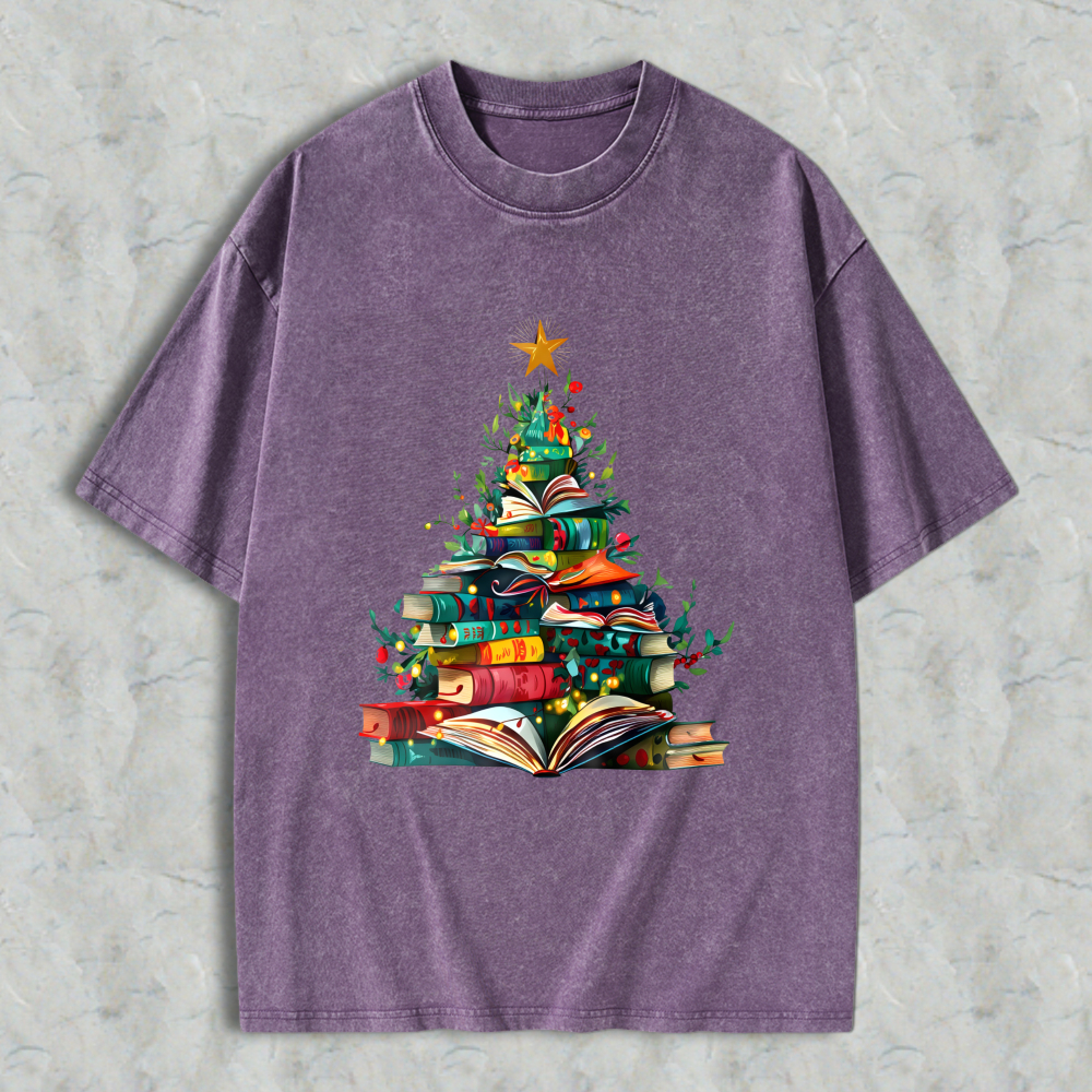 Wardrobecart Book Christmas Tree Design Unisex Washed T-shirt