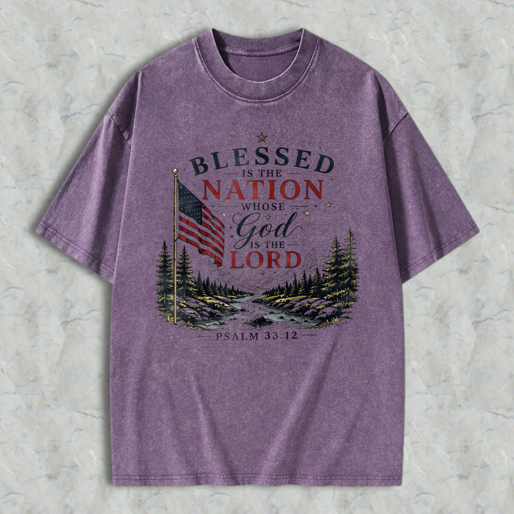 Blessed Is The Nation Whose God Is The Lord Psalm 3312 American Flag Mountain Landscape Washed T-shirt