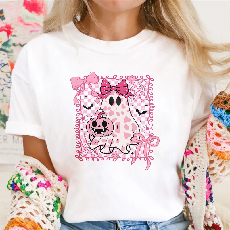 Cute Pink Ghost Holding Pumpkin With Bows And Bats Halloween Design, Unisex Classic T-shirt
