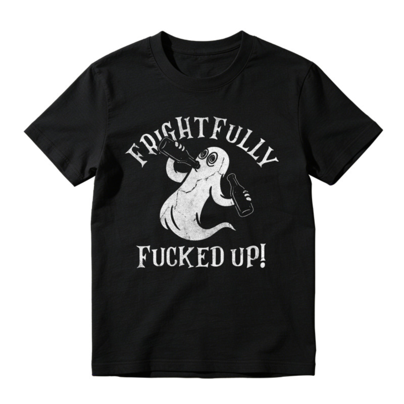 Frightfully Messed Up Ghost Holding Bottles Funny Halloween Graphic T-shirt