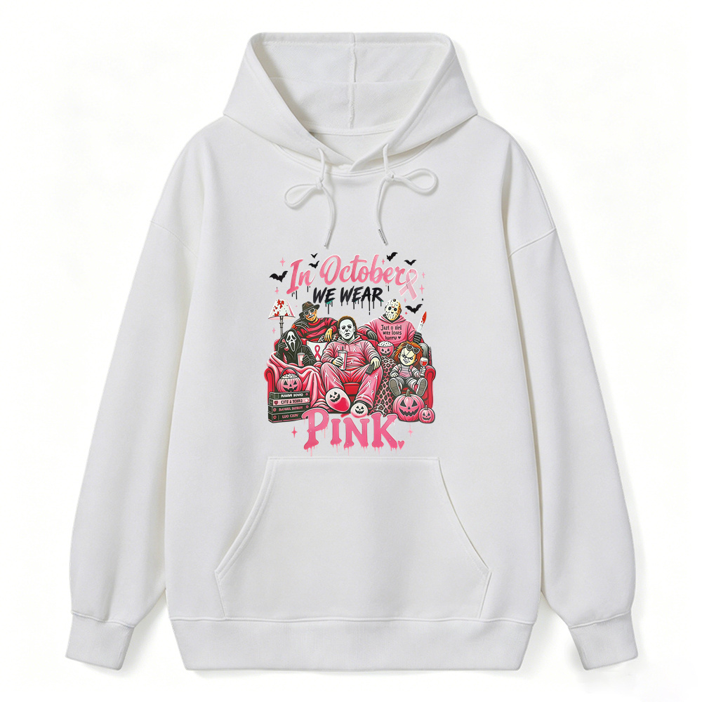 In October We Wear Pink Horror Movie Characters Print Breast Cancer Awareness Graphic Hoodie