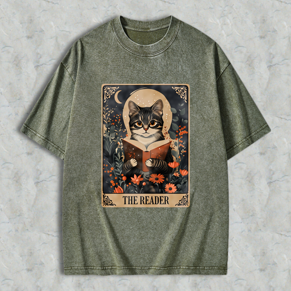 Wardrobecart Cat Reading Book With Floral Background And Moon The Reader Unisex Washed T-shirt