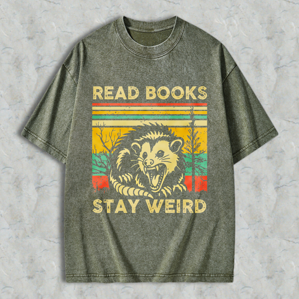 Wardrobecart Read Books Stay Weird Opossum Vintage Design Unisex Washed T-shirt