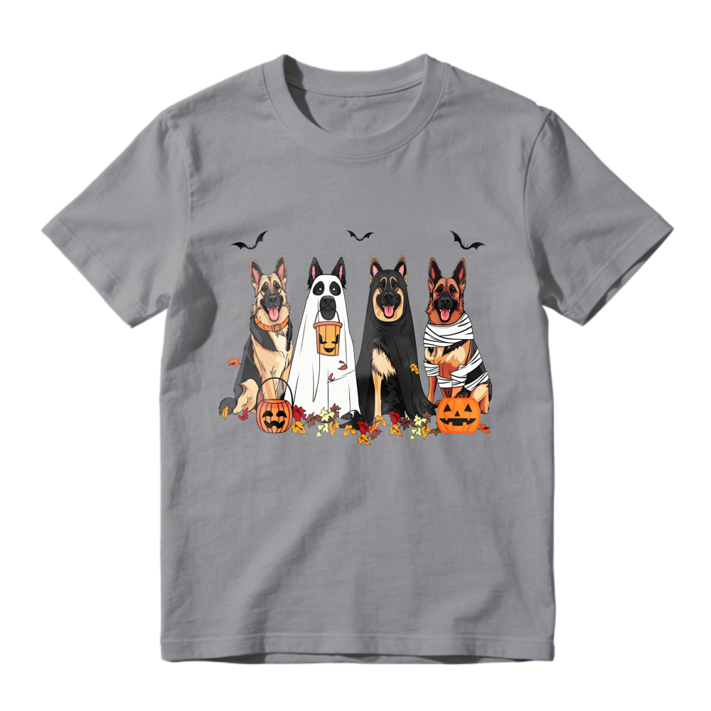 Halloween German Shepherd Dogs In Costumes With Pumpkins And Bats, Unisex Classic T-shirt