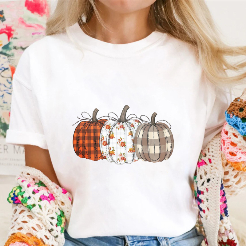 Three Patchwork Pumpkins With Plaid And Floral Patterns Unisex Classic T Shirt