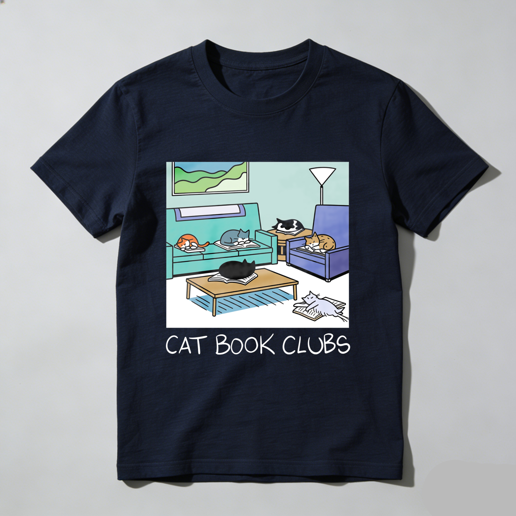 Wardrobecart Cat Book Clubs Cozy Living Room Scene Tshirt