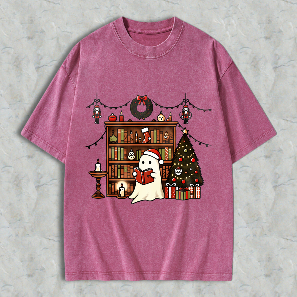 Wardrobecart Ghost Reading Book Christmas Tree Bookshelf Decor Unisex Washed T-shirt