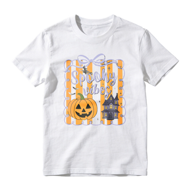 Spooky Vibes Pumpkin And Haunted House Halloween Graphic, Unisex Classic T-shirt