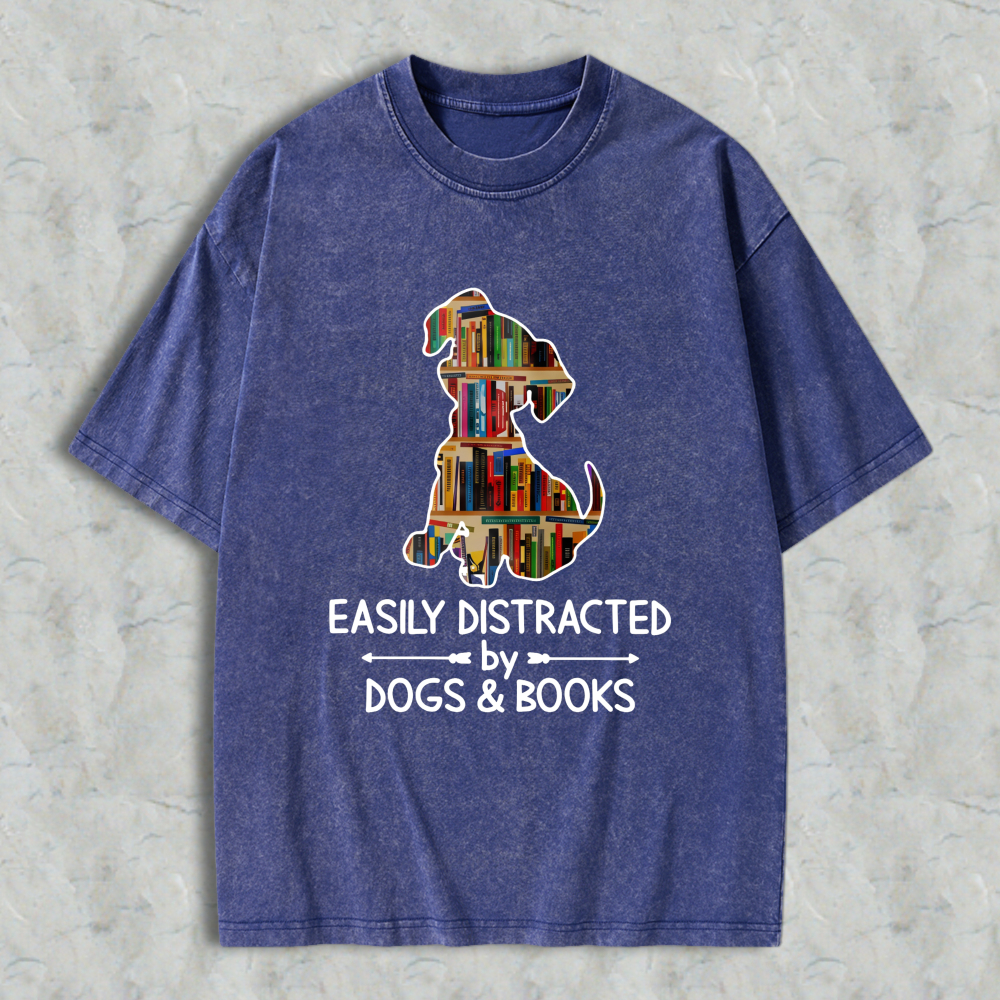 Wardrobecart Dog And Books Pattern Easily Distracted By Dogs And Books Unisex Washed T-shirt