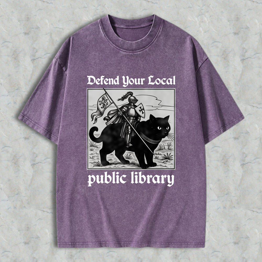 Wardrobecart Knight And Cat Defend Your Local Public Library Unisex Washed T-shirt