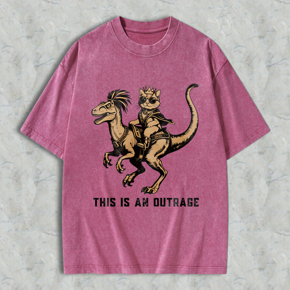 Wardrobecart Cat King Riding Dinosaur With Crown And Sunglasses Unisex Washed T-shirt