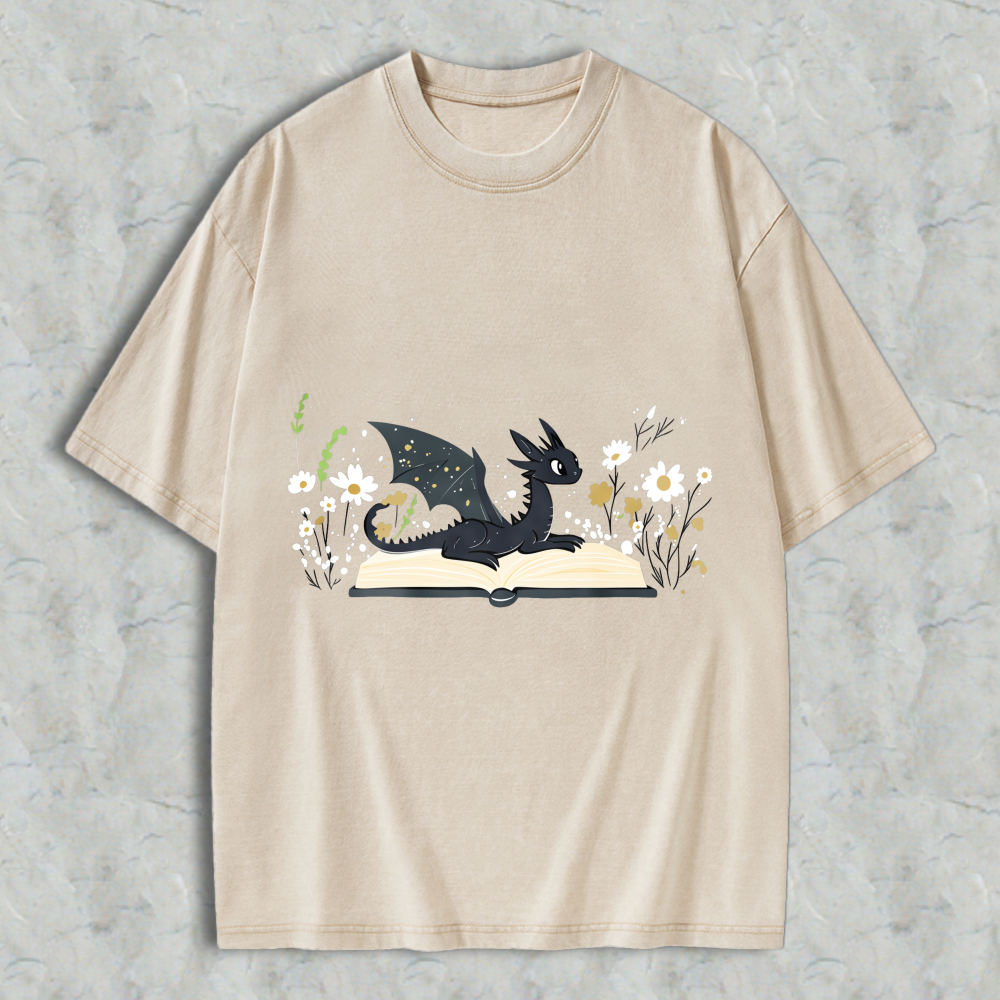 Wardrobecart Dragon Reading Book With Flowers Unisex Washed T-shirt