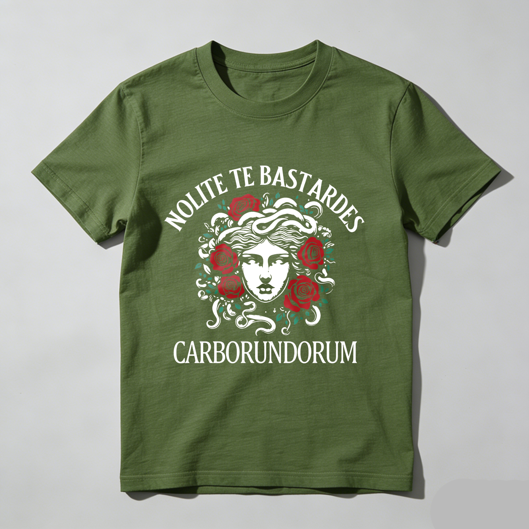 Wardrobecart Nolite Te Bastardes Carborundorum Medusa With Roses And Latin Text Tshirt