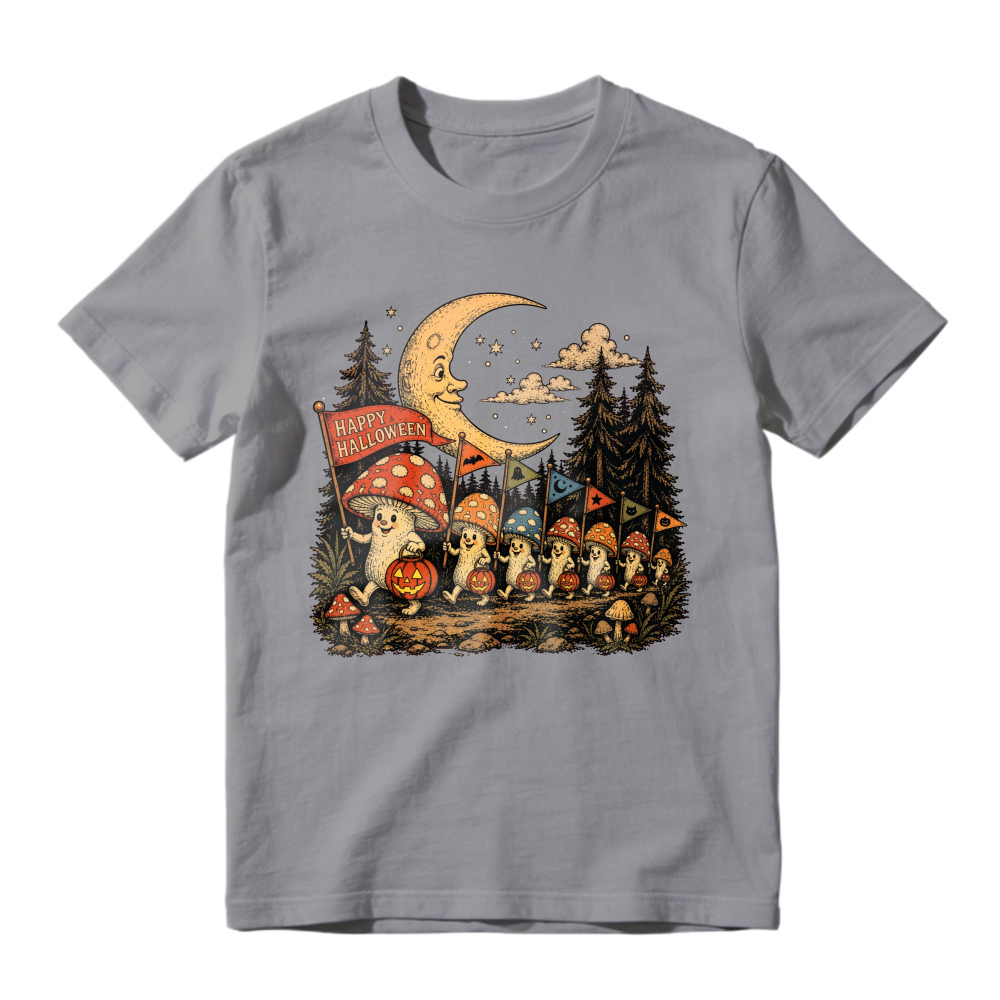 Cute Mushroom Ghosts Halloween Parade Under Crescent Moon, Unisex Classic T-shirt