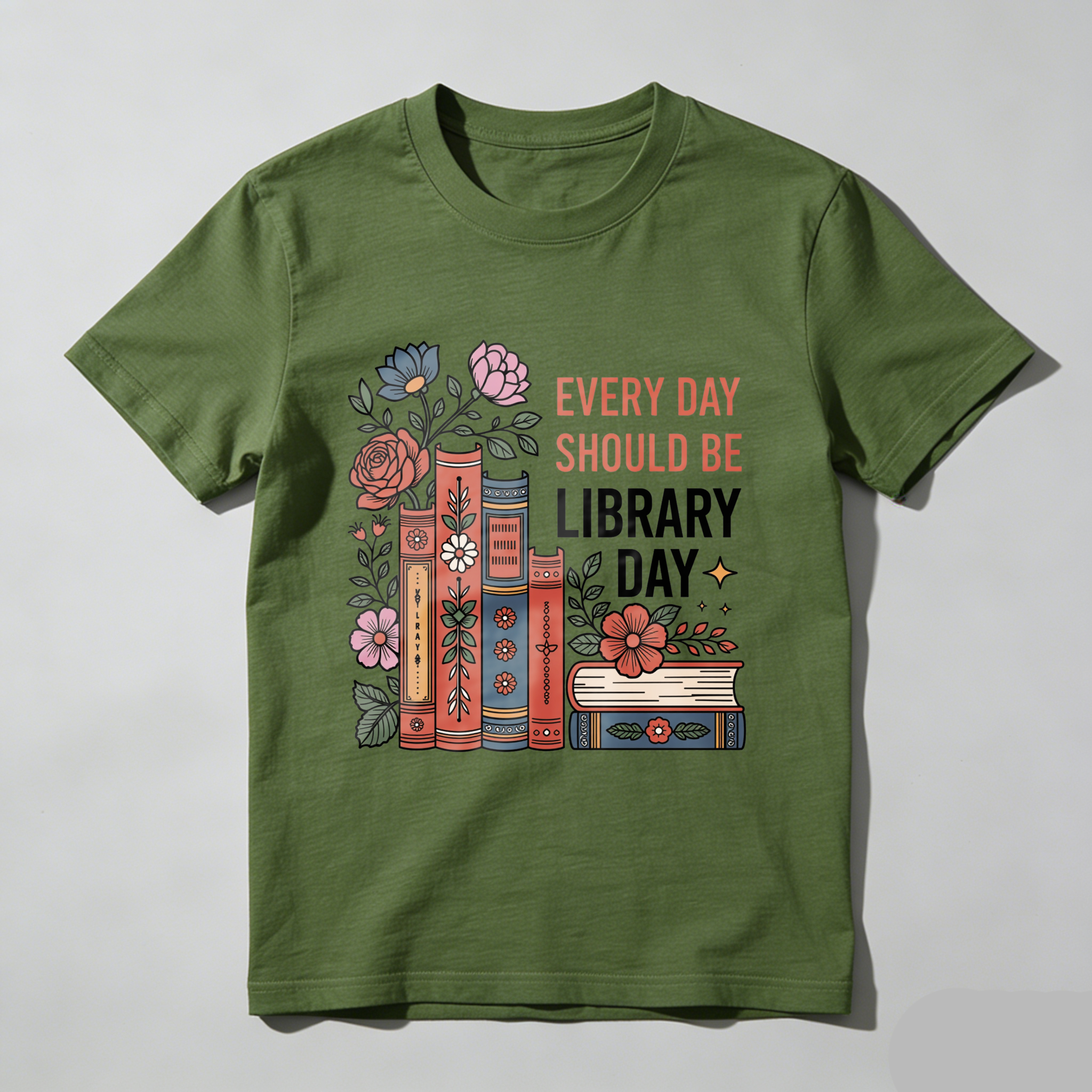 Wardrobecart Every Day Should Be Library Day Books Flowers Tshirt