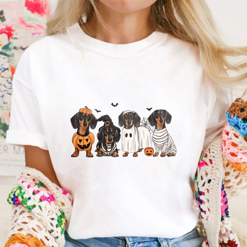 Halloween Dachshund Dogs In Costume Pumpkin Ghost Mummy Bat, Unisex Classic T-shirt