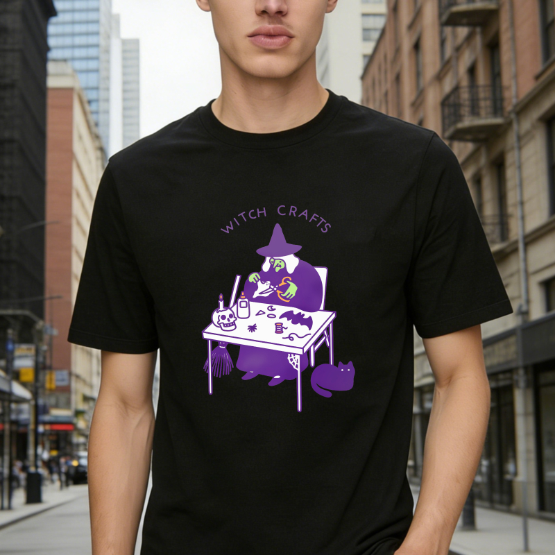 Witch Crafts Purple Wizard Brewing Potion At Desk With Cat And Broom, Unisex Classic T-shirt