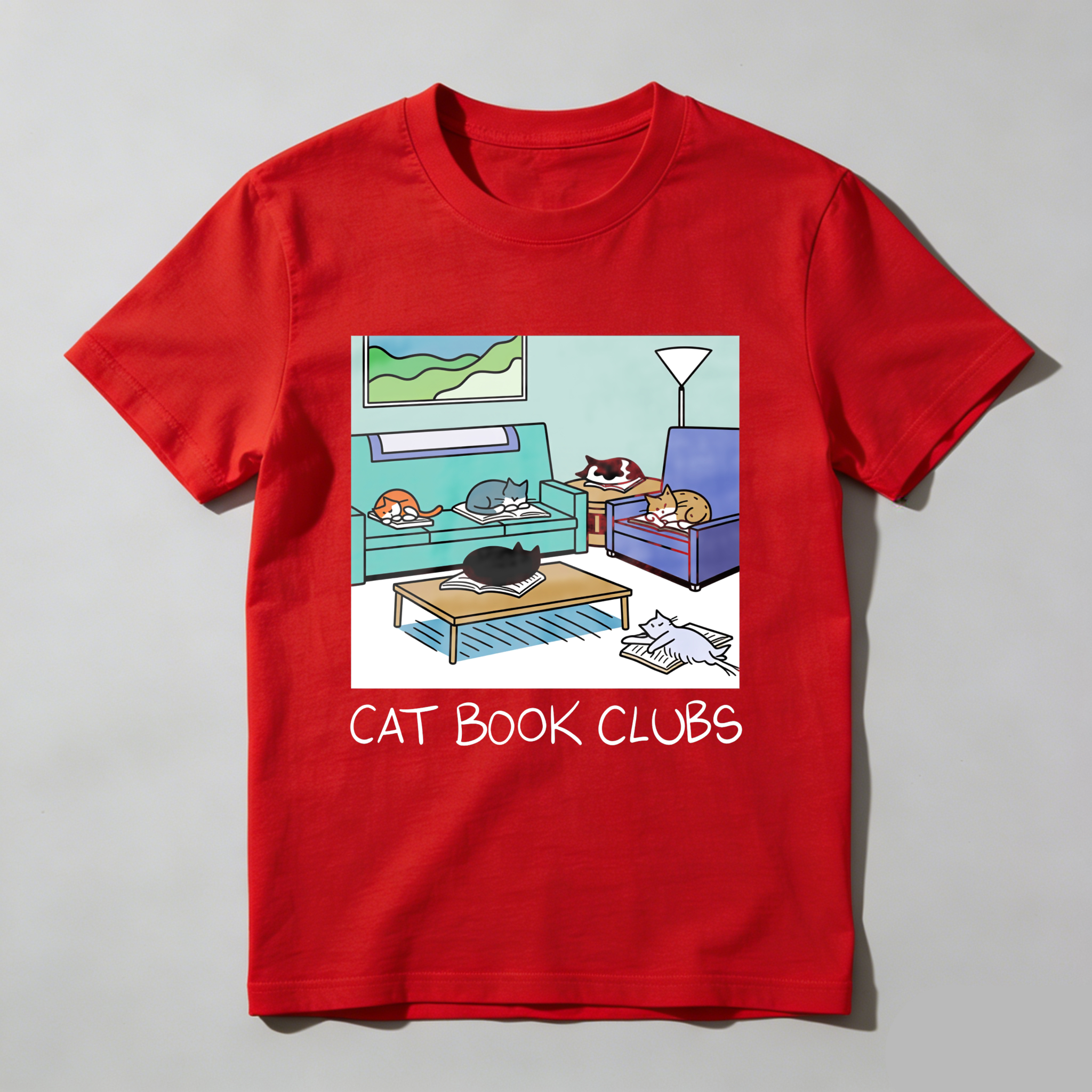 Wardrobecart Cat Book Clubs Cozy Living Room Scene Tshirt