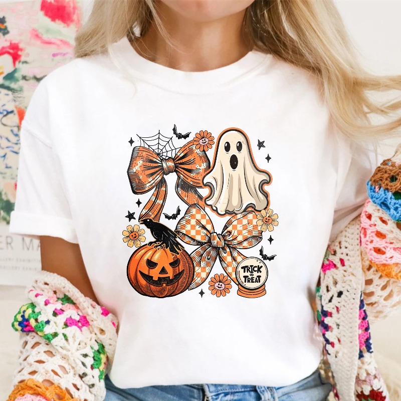 Halloween Ghost Pumpkin Bow Trick Or Treat Graphic, Unisex Classic T-shirt