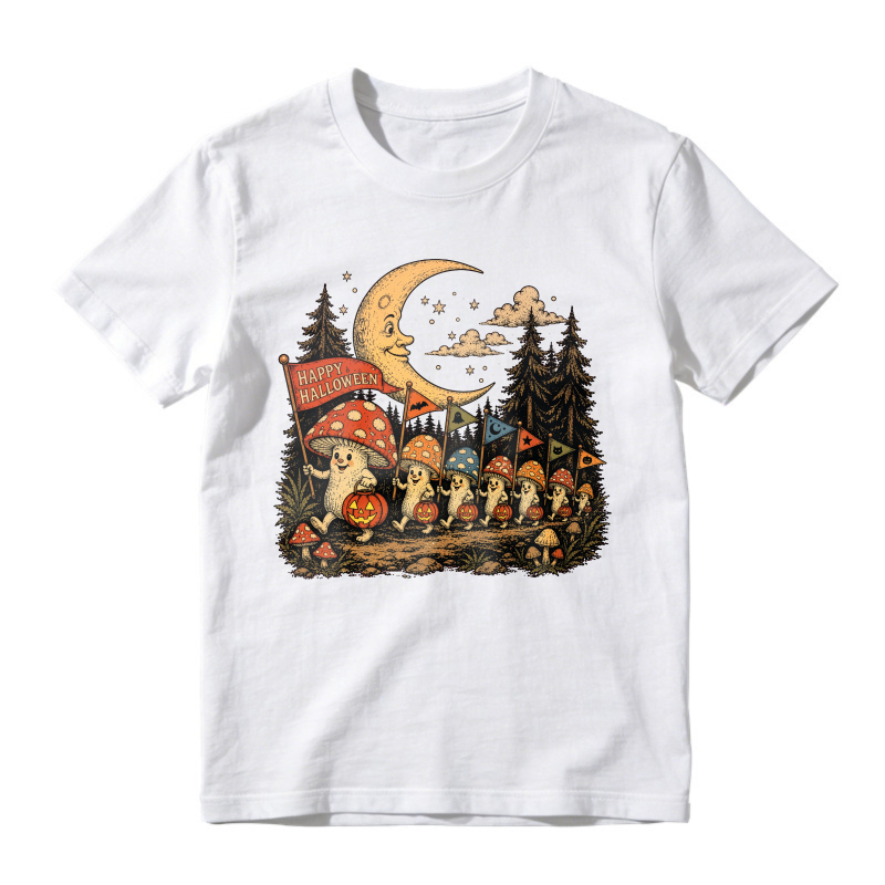 Cute Mushroom Ghosts Halloween Parade Under Crescent Moon, Unisex Classic T-shirt