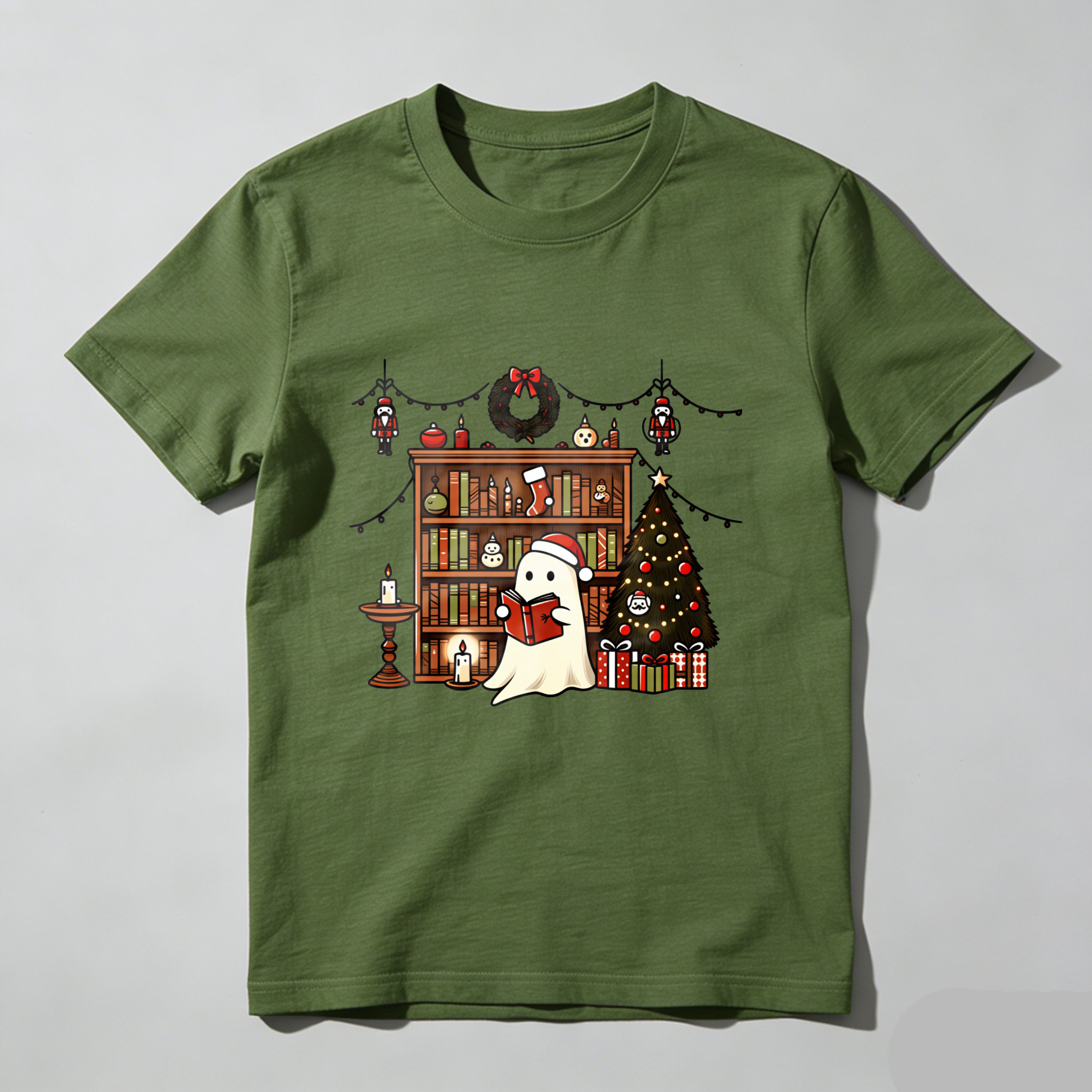 Wardrobecart Ghost Reading Book Christmas Tree Shelf Decorations Tshirt