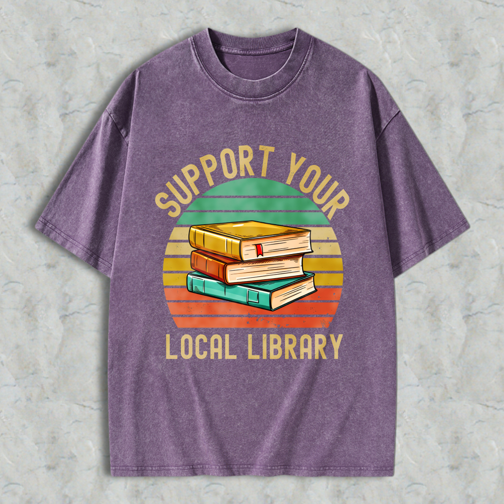 Wardrobecart Support Your Local Library Books Stack Vintage Design Unisex Washed T-shirt