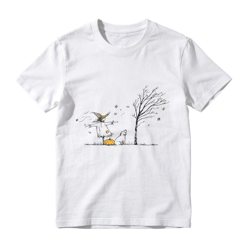 Scarecrow With Cat And Pumpkin Under Bare Tree Autumn Scene, Unisex Classic T-shirt