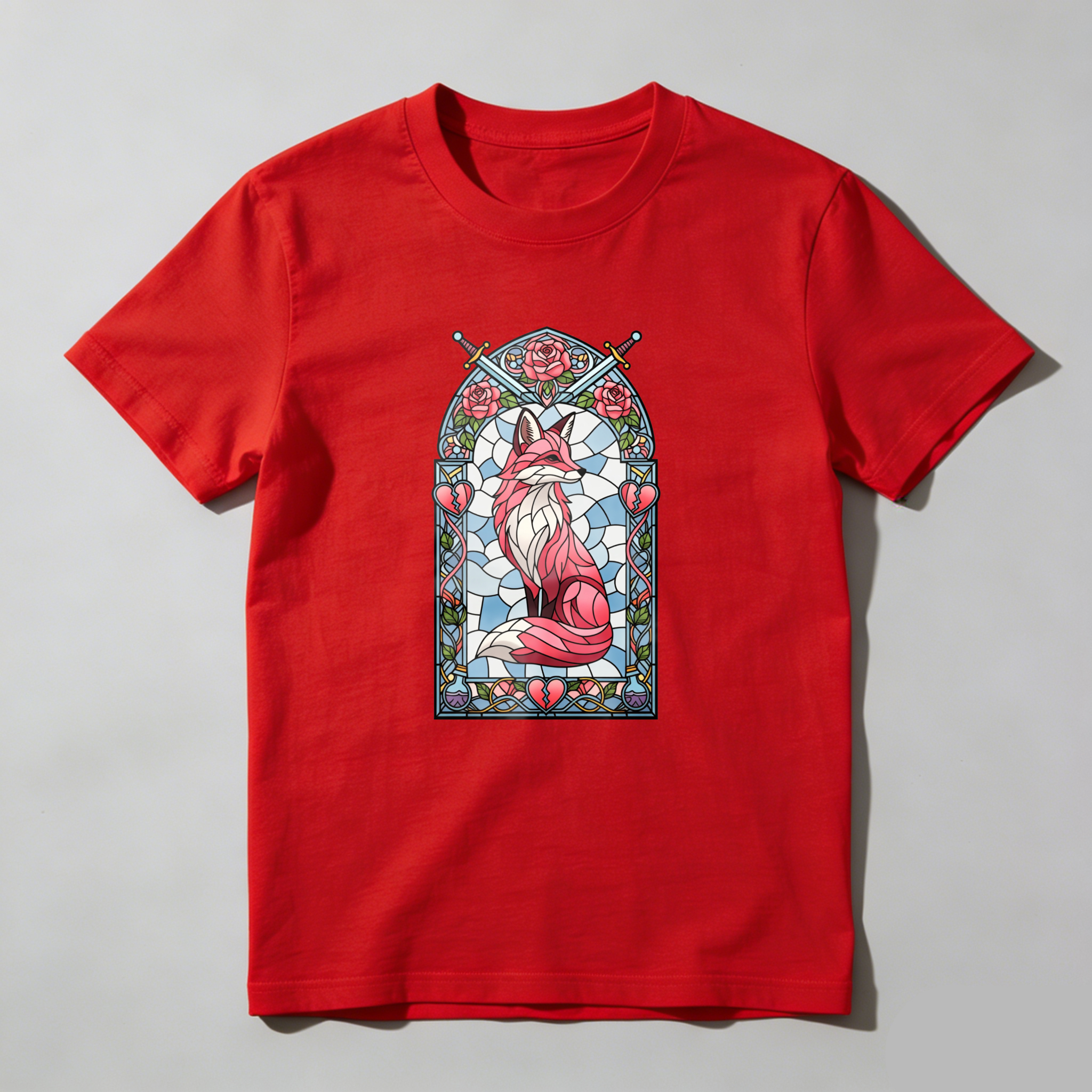Wardrobecart Stained Glass Fox With Roses And Heart Tshirt