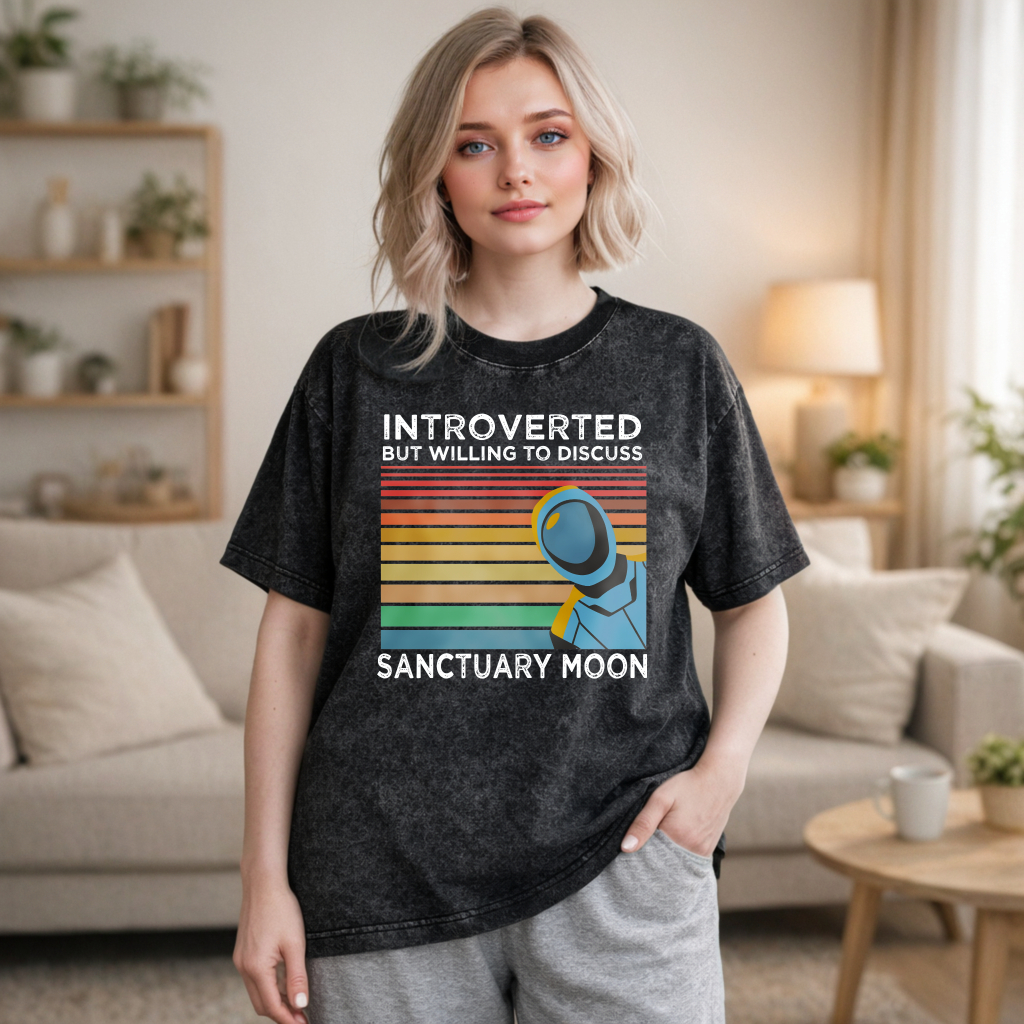 Wardrobecart Introverted But Willing To Discuss Sanctuary Moon Astronaut Vintage Rainbow Design Unisex Washed T-shirt