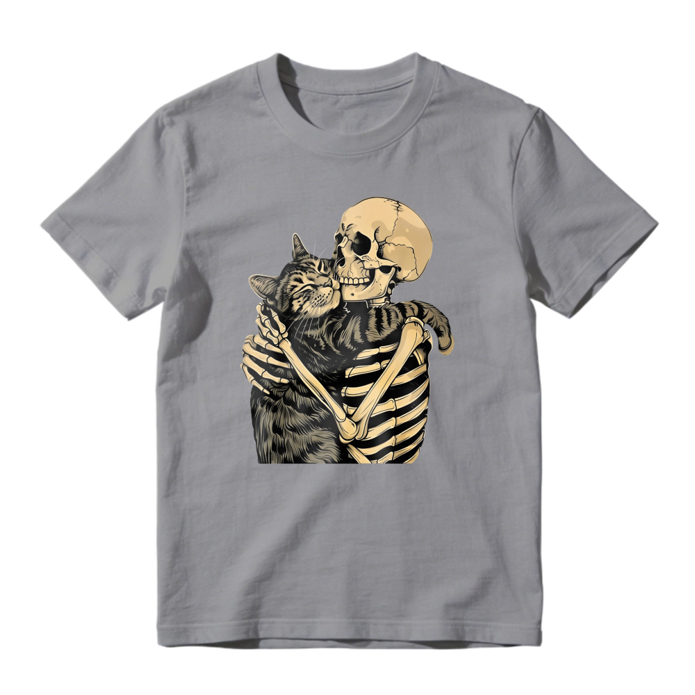 Skeleton Hugging Tabby Cat Vintage Illustration, Unisex Classic T-shirt