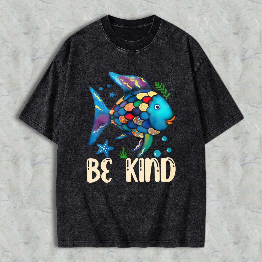 Wardrobecart Colorful Fish With Be Kind Text Unisex Washed T-shirt