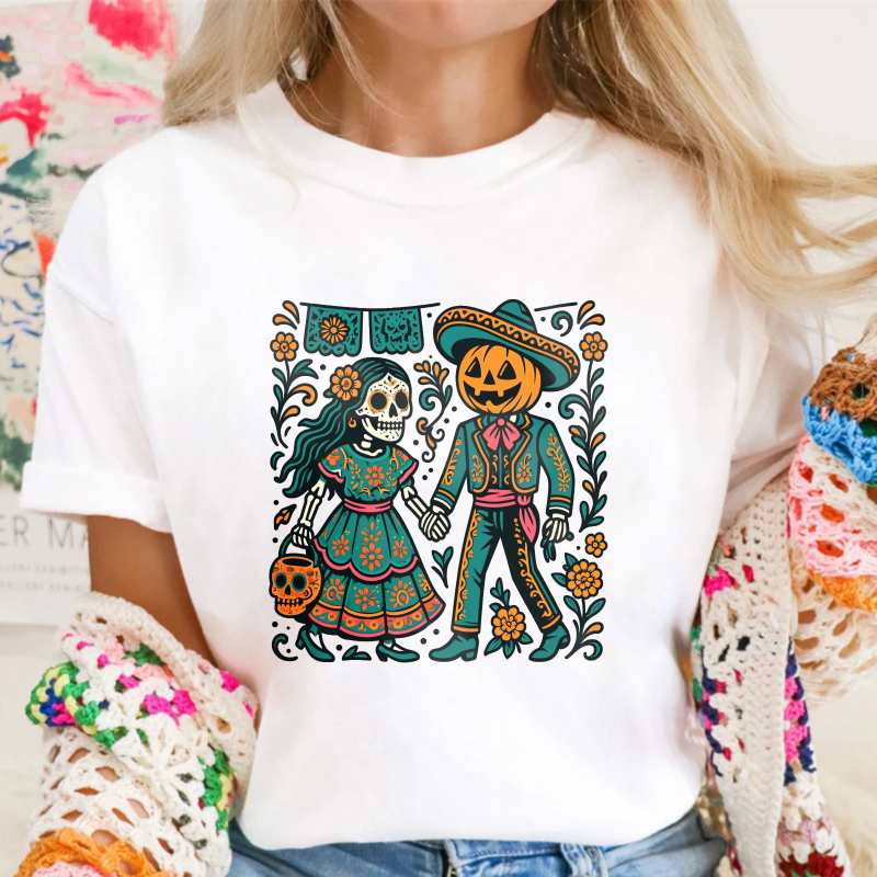 Day Of The Dead Skeleton Couple Pumpkin Head Mariachi Folk Art Unisex Classic T-shirt