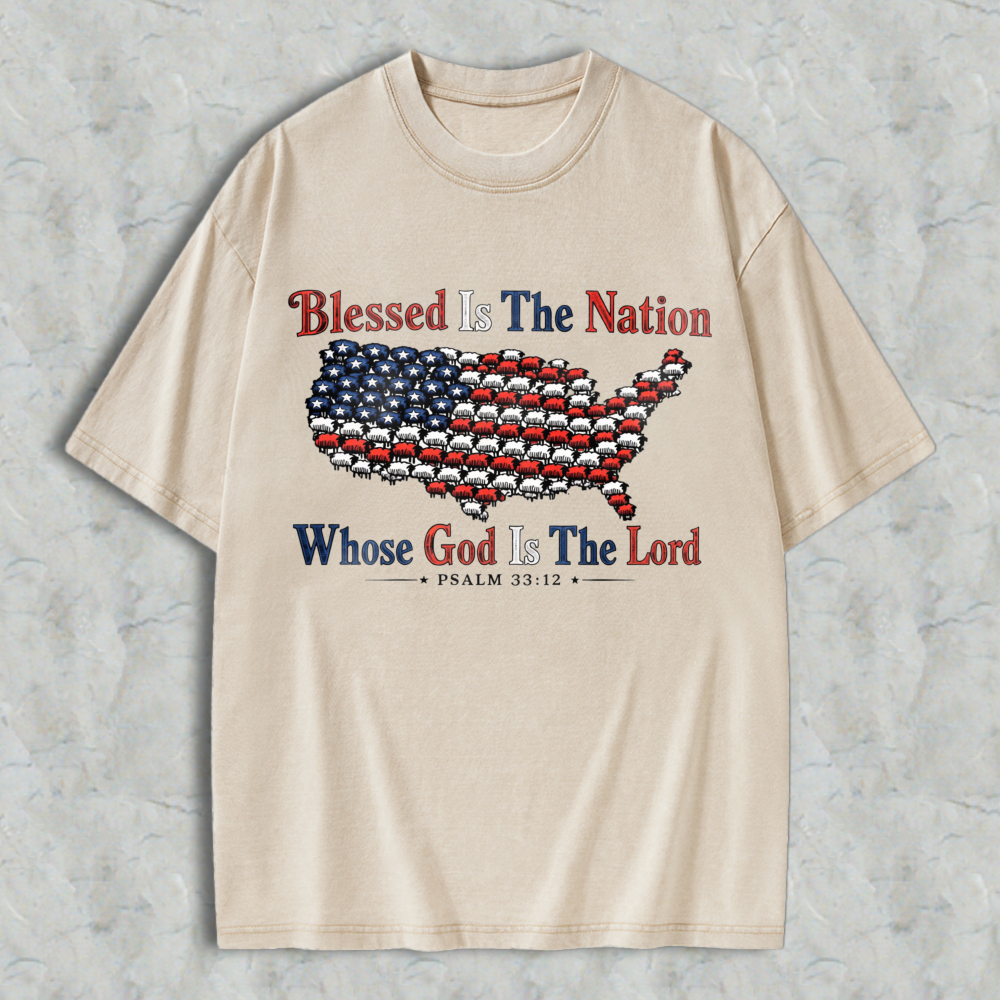 Blessed Is The Nation Whose God Is The Lord American Flag Map Design Washed T-shirt