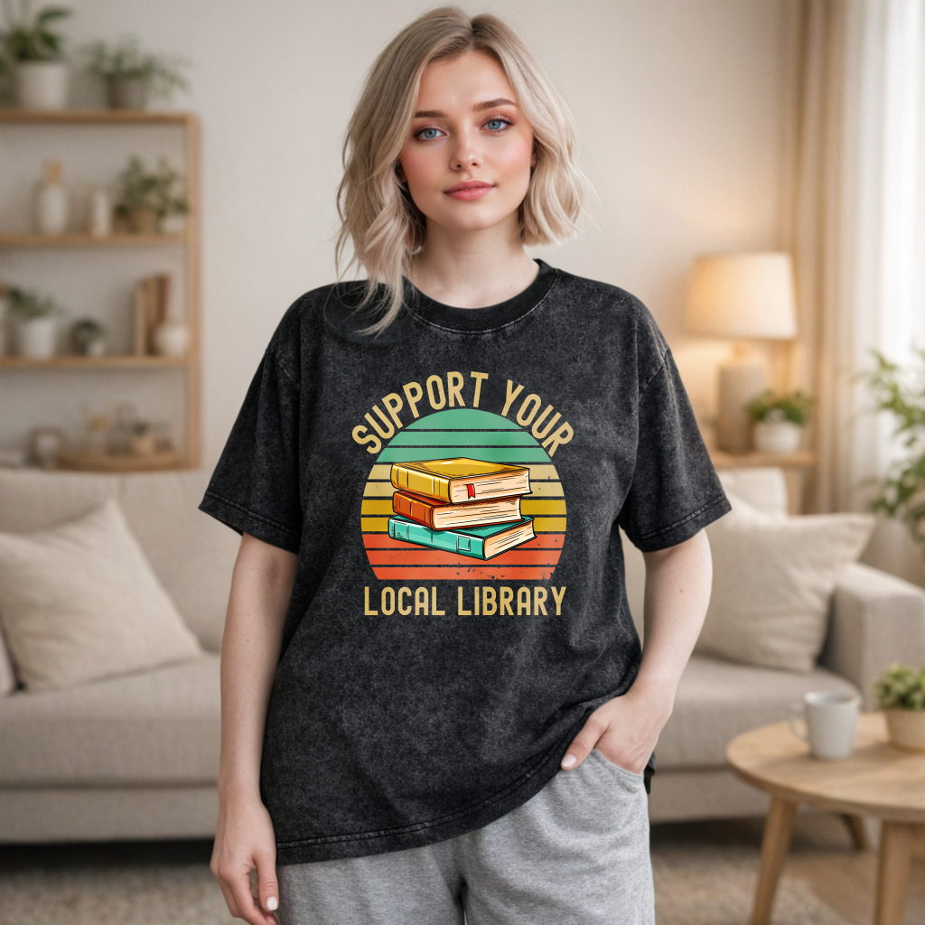 Wardrobecart Support Your Local Library Books Stack Vintage Design Unisex Washed T-shirt