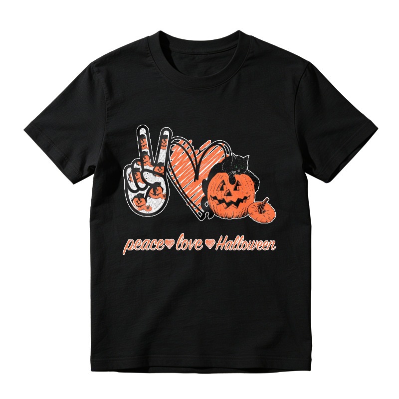 Peace Love Halloween Pumpkin Cat Heart Hand Sign Unisex Classic T-shirt