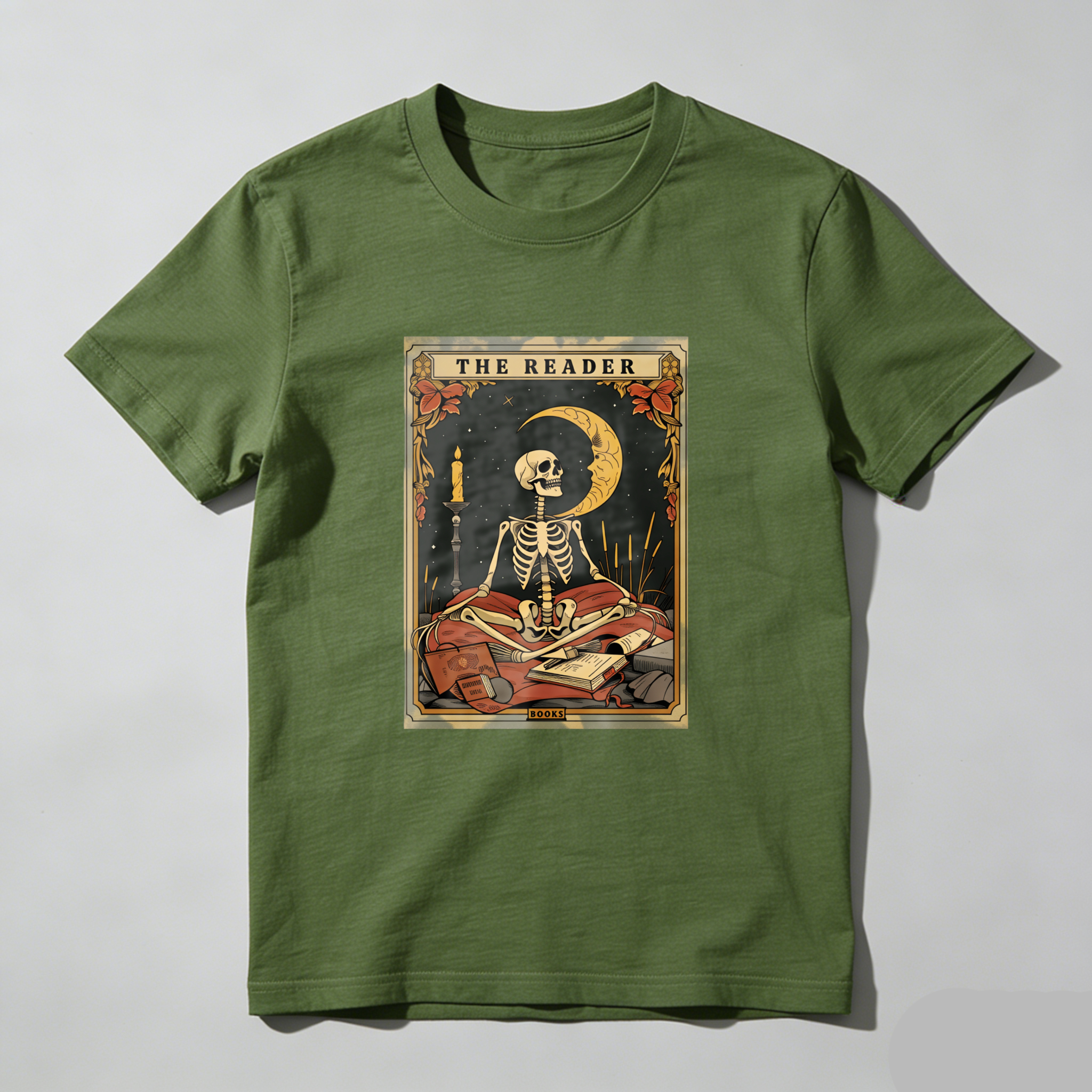 Wardrobecart The Reader Skeleton Tarot Card Design tshirt