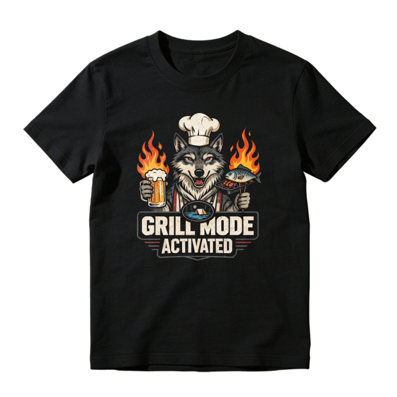 Wolf Chef Holding Beer And Fish With Flames Grill Mode Activated Unisex Classic T-shirt