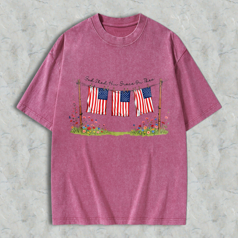 American Flag On Clothesline With Flowers And Text Washed T-shirt