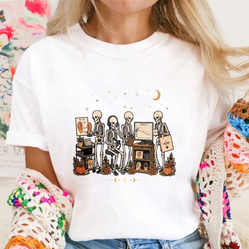 Skeletons Working At Desk With Computers And Pumpkins Under Moon And Stars Unisex Classic T-shirt