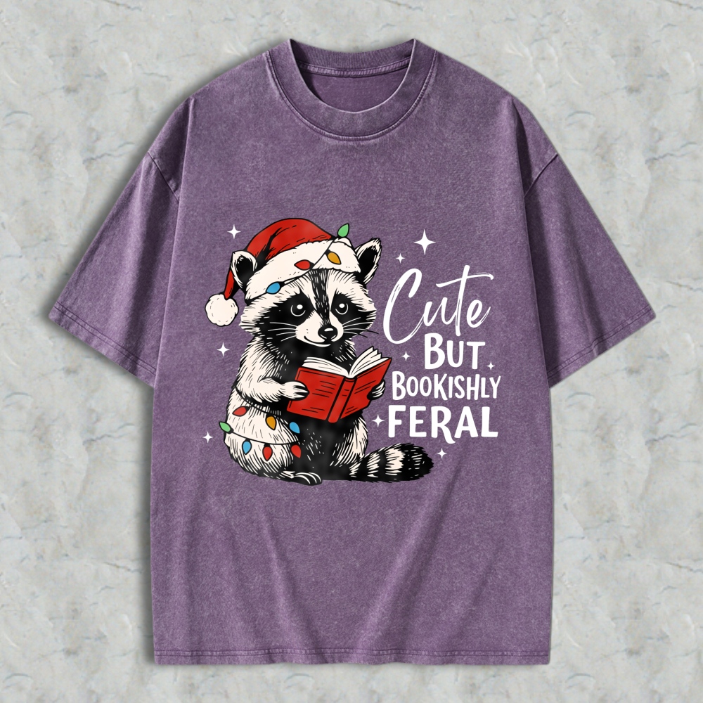 Wardrobecart Cute But Bookishly Feral Raccoon Reading Christmas Book Unisex Washed T-shirt